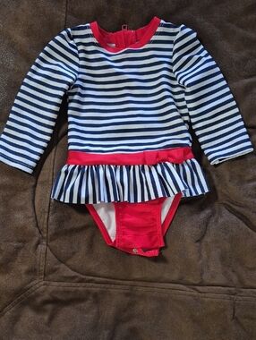 Cat & Jack Navy and White Striped Swimsuit with Red Trim